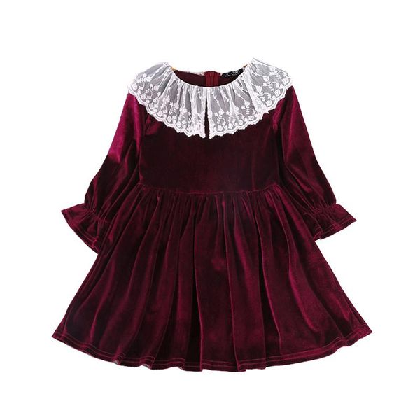 

girl's dresses infant kids girl fashion long-sleeved dress vintage solid color golden velvet lace lapel children princess, Red;yellow
