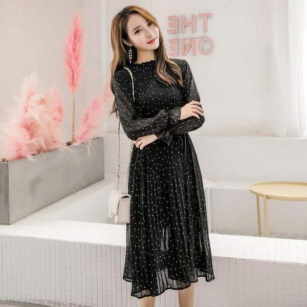 

plus size dresses spring autumn lady long chiffon dress 2021 women sleeved polka dot pleated black vintage clothes dc848