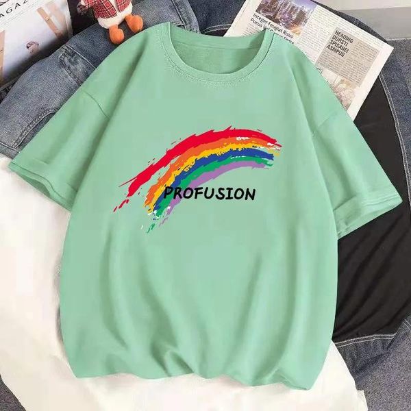 

summer rainbow 100% cotton t-shirt loose ladies short sleeve women's, White