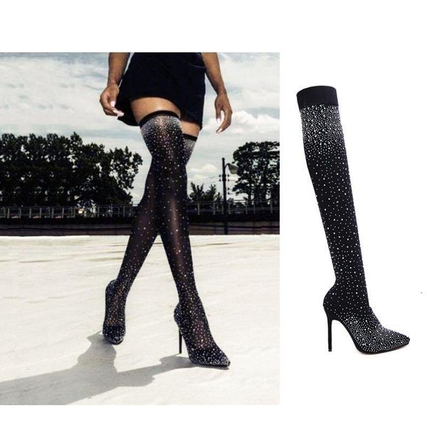 

boots crystal women autumn/winter over-the-knee elastic pointed-toe sock high heels female slip-on shoes 3myg, Black