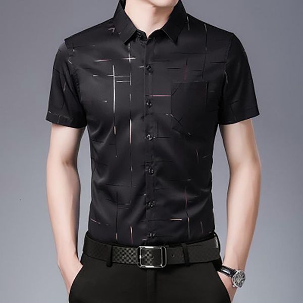 

men's casual shirts summer short sleeve shirt middle age ice silk no iron lapel plaid thin qsoy, White;black