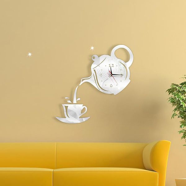 

diy acrylic coffee cup teapot 3d wall clock decorative kitchen clocks living room dining home decor