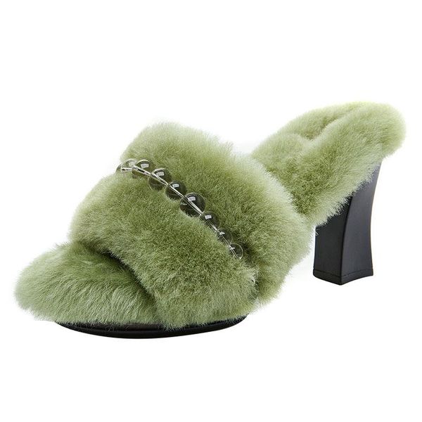 

slippers womens real lambswool fur furry high heel warm winter mules slipper plush slides shoes thick 6colors 2022, Black
