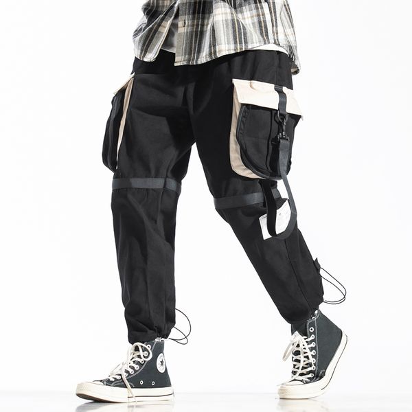 

pant ribbons pockets harem men autumn winter casual sweatpants hip hop joggers design loose pencil pants streetwear, Black