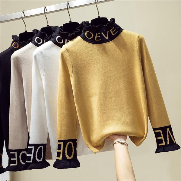 

women's sweaters autumn winter thick warm letter embroidered turtleneck sweater women long sleeve knit pullover solid female, White;black