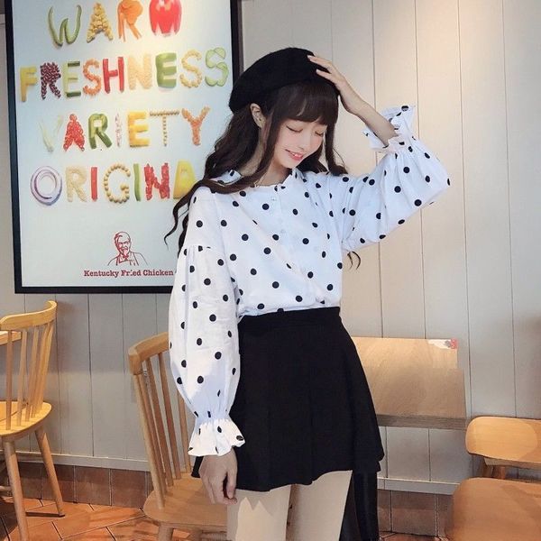 

women's blouses & shirts blouse long kawaii sleeve, korean patterned polka dots, 8wjh, White