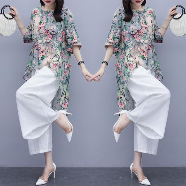 

women's two piece pants suit, large, flower print, loose, silk, cotton coat, wide leg pants, korean, casual, suit 2 pieces, White