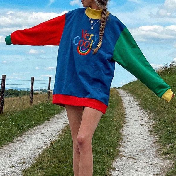 

echoine women hoodie pullovers fashion contrast color patchwork lettered embroidered sports loose turtleneck casual sweatshirt women's, Black