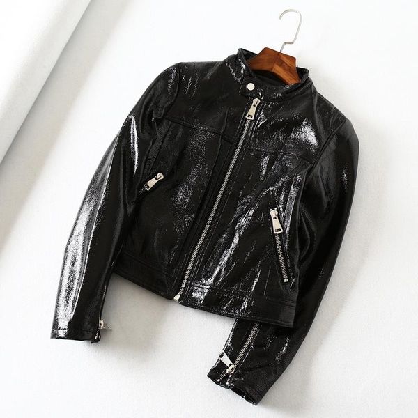 

women's leather & faux korean women stand-up collar slim glossy pu jacket black short outerwear spring autumn 2021 streetwear biker