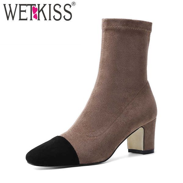 

wetkiss stretch flock boots women stitching ankle boot female square toe shoes ladies fashion high heels shoes winter 210630, Black