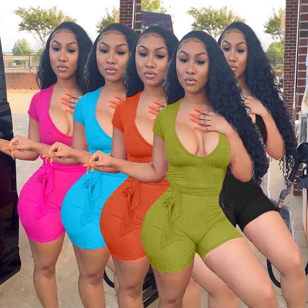 

solid rib knit deep v neck night party club bodycon short jumpsuit women summer outfit sportwear playsuit rompers fitness, Black;white