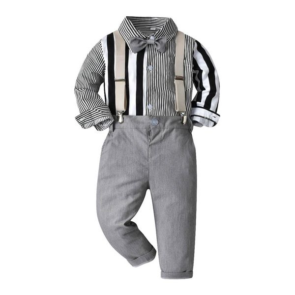 

boys clothing sets kids suits children outfit baby clothes long sleeve bow tie striped shirts suspenders trousers pants 2pcs gentleman b7273, White