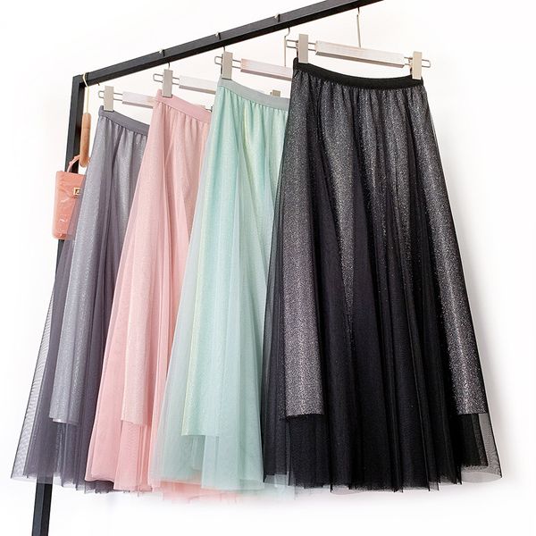 

qooth long tulle skirt women spring summer gradient shiny lurex high waist pleated school midi skirt female skirts qh2201 210518, Black
