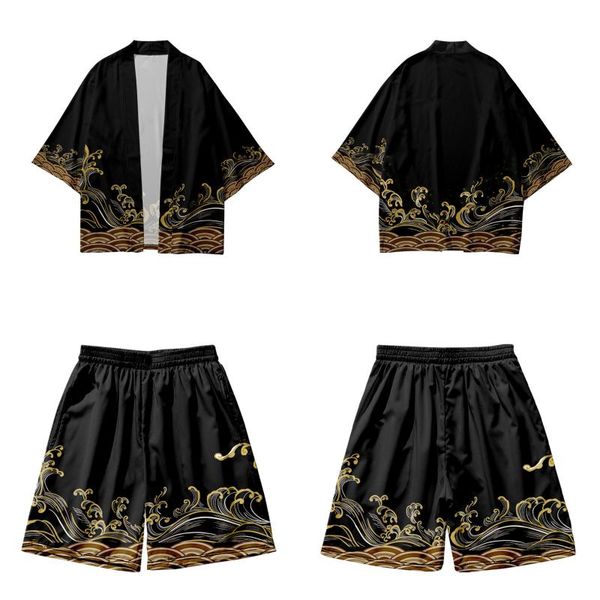 

ethnic clothing japanese kimono jacket shirt streetwear men black print cardigan and shorts set samurai costume, Red