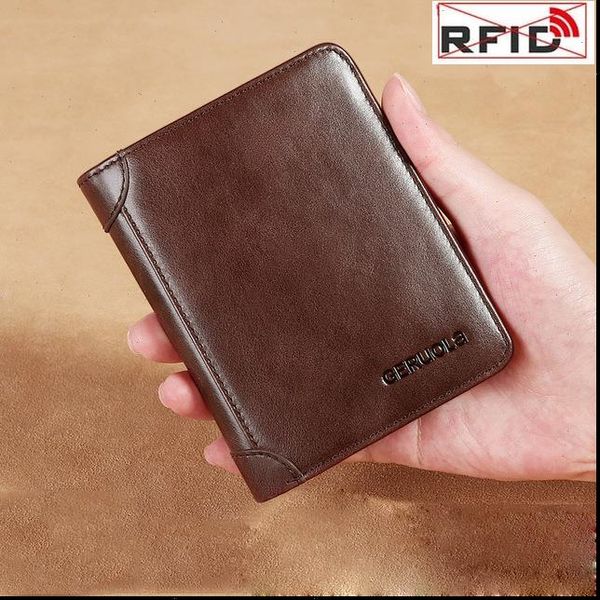 

male purse money bag genuine leather wallet vertical anti theft rfid blocking 3 fold credit card holder men, Red;black