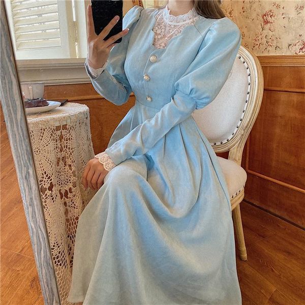 

casual dresses solid elegant dress patchwork lace party midi female french style sweet kawaii korean women 2021 woman, Black;gray