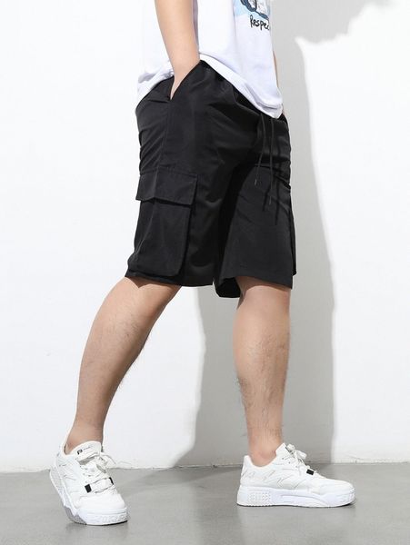 

men flap pocket side drawstring waist shorts d0i6#, Black