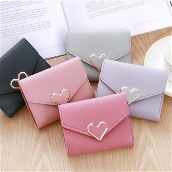 

simple fashion women coin purse leather solid color vintage short wallet heart hasp ladies girls card holder clutch bag, Red;black