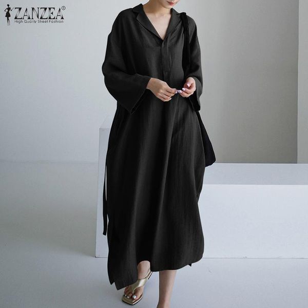 

casual dresses zanzea long sleeve pockets solid vestido women a-line femme elegant robe with belt streetwear chic maxi sundress, Black;gray