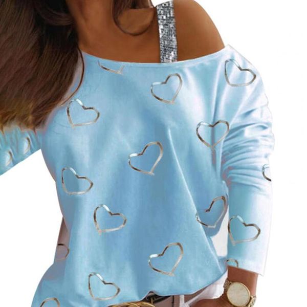 

women's t-shirt off shoulder women blouse long sleeve heart shape print gold stamping shiny sequins one pullover for spring, White