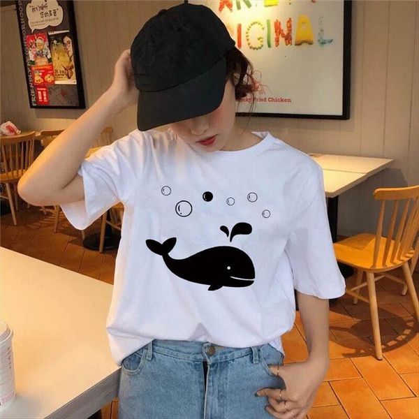 

cute cartoon dolphin print summer womens t shirts short sleeved harajuku graphic casual funny, White