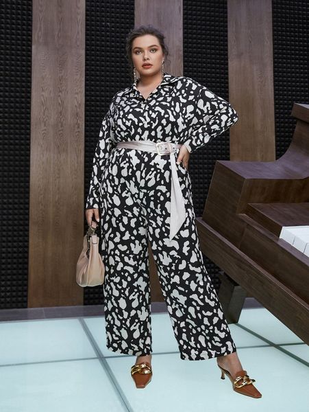 

plus allover print button up belted jumpsuit y1gx#, Black