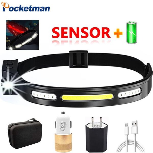 

headlamps cob led headlamp waterproof headlight usb rechargeable head lamp motion sensor light with built-in battery