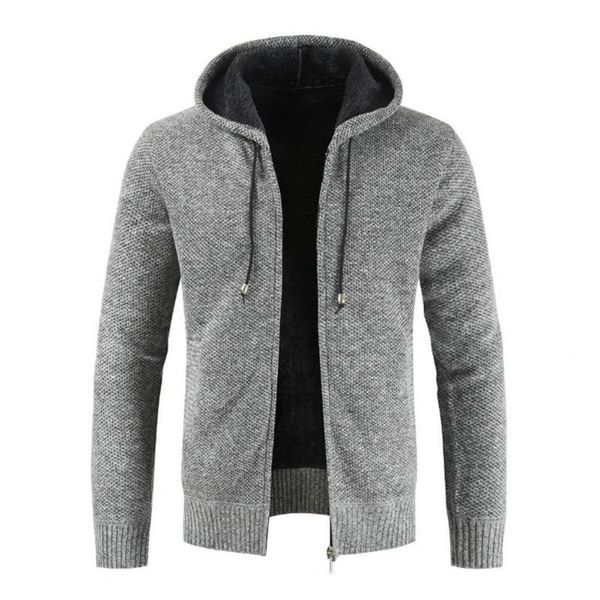 

men's jackets long sleeve solid color sweater coat zipper closure hooded plush lining drawstring men knitwear, Black;brown