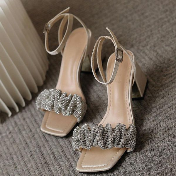 

sandals 2021 sandles women chunky heels ladies high heel with diamond decoration zapatos de mujer shoes for w, Black