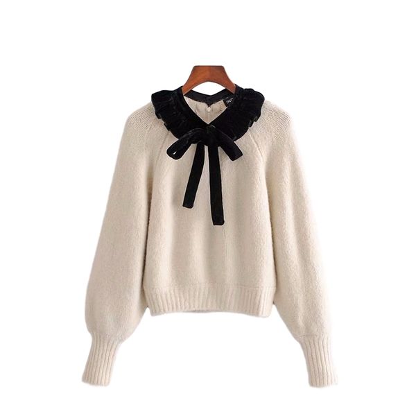 

elegant women velvet bow sweater fashion ladies ruffles knitted pullover sweet female solid soft chic girl 210427, White;black