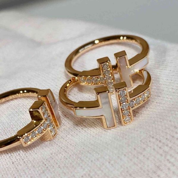 

original steel seal high version double t-card home ring opening white fritillaria inlaid with diamond s925 silver 18k rose gold female