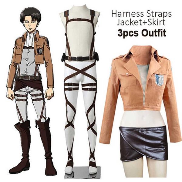 Nuovo Attacco Anime su Titano Cosplay Shingeki no Kyojin Giacca Recon Corps Gonna di Pelle Rampino Cinture Bretelle Ackerman Costume Y0903