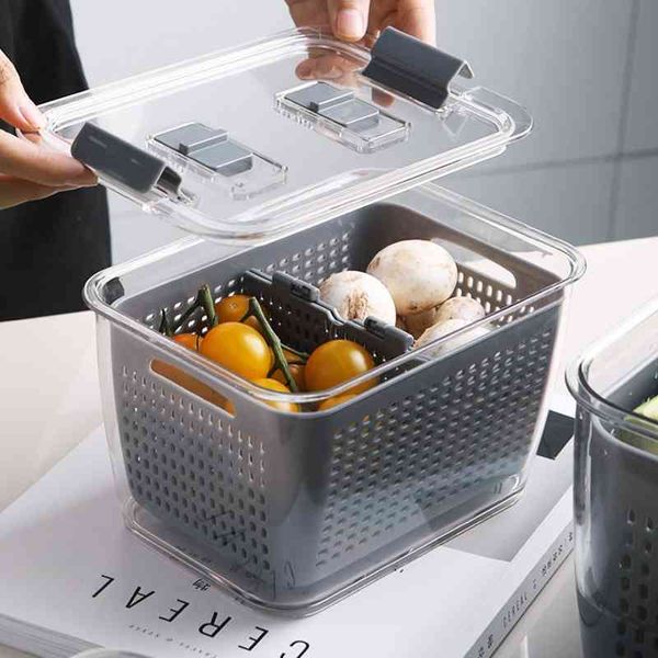 Kühlschrankbehälter mit Deckel, PET-Frischhaltebox für Obst und Gemüse, Abfluss, Crisper, Küchenaufbewahrungsbox 210331