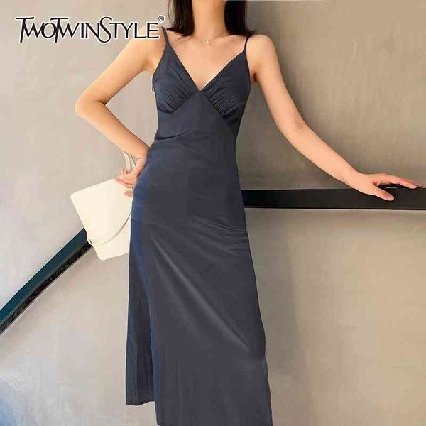 

twotwinstyle solid midi dress for women v neck sleeveless high waist slim vintage dresses female summer fashion new tide 210428, Black;gray