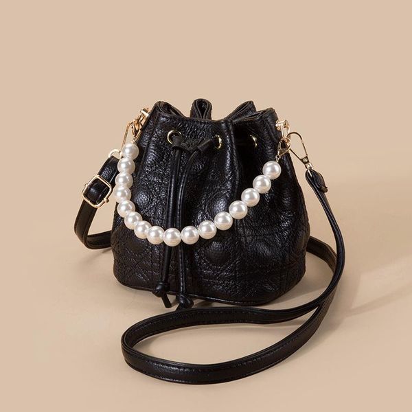 

evening bags women's genuine leather bucket bag women 2021 fashion pearl shoulder messenger ladies white black argyle crossbody