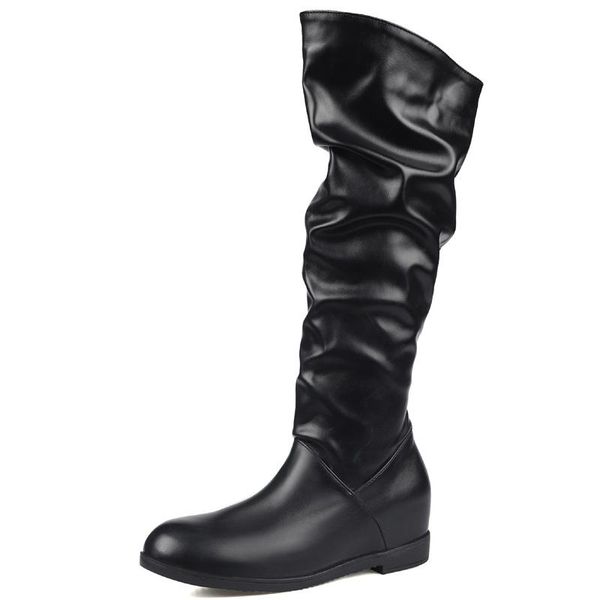 

boots women's knee high leather fashion folding slip on autumn winter casual wedges white black long slim boot female