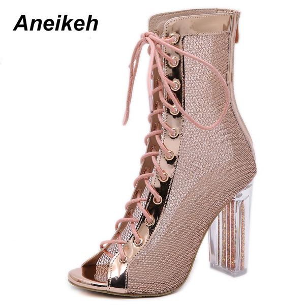

women lace-up ankle boots sandal open toe botas mujer gladiator high heels booties fashion bling transparent chunky heel, Black