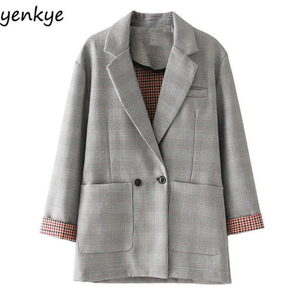 

women's suits & blazers european style women vintage plaid blazer long sleeve notched collar plus size ladies suit jacket double-breast, White;black