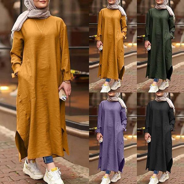 

women autumn solid color long sleeve split hem pocket kaftan robe maxi dress linen breathable comfortable clothings maternity dresses, White