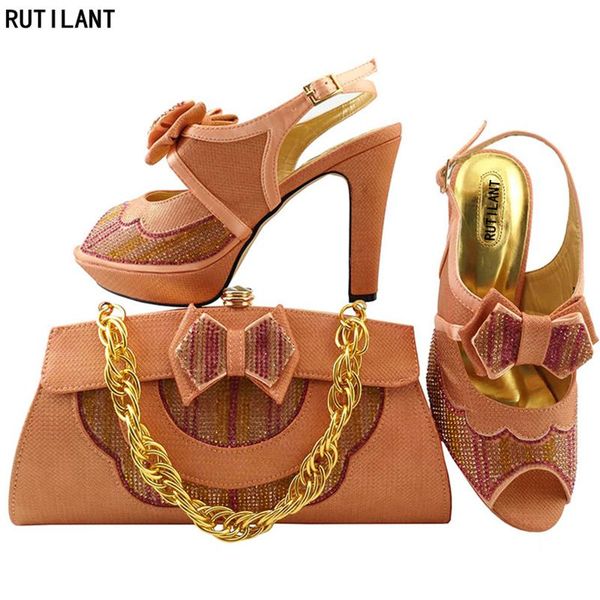 

peach color matching women shoe and bags for wedding italian ladies bag set decorated with rhinestone party shoes dress, Black