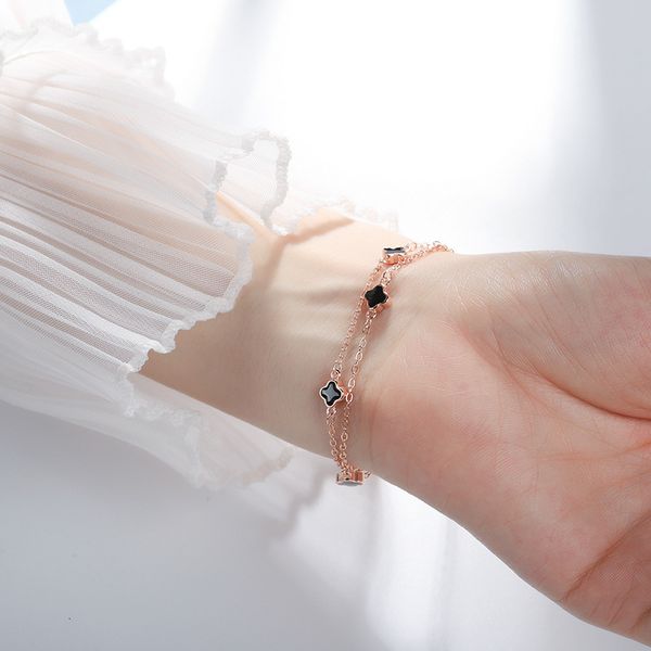 

link chain lucky to meet you clover double-layer bracelet, girl xiaoxinxin, xiaozhongsen's girlfriend tanabata gift, Black