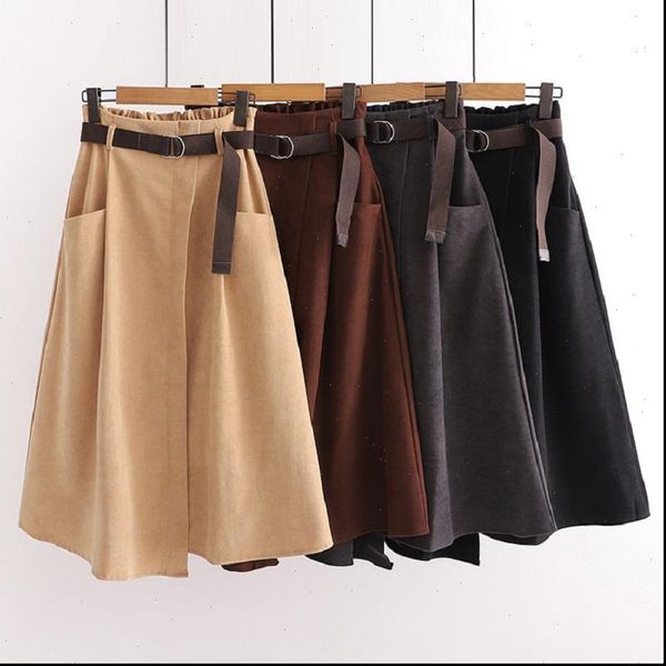 

womens skirts autumn winter solid color skirt with bekt women artistic pocket high waist slim irregular midi for, Black