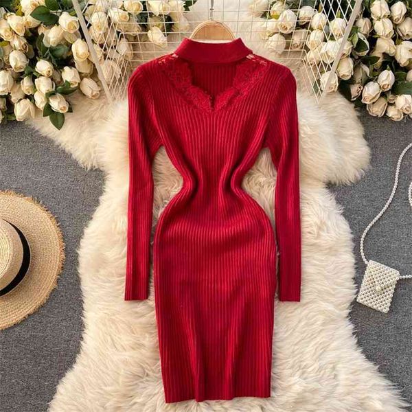 

women fashion round neck hollow lace stitching elastic knitted sweater dress long sleeve solid color vestidos q977 210527, Black;gray