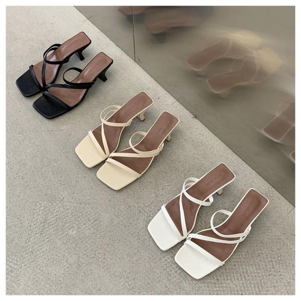 

slippers 2021 fashion brand sandals women low heel slip on slides elegant kitten heels narrow sandal casual flip flops, Black