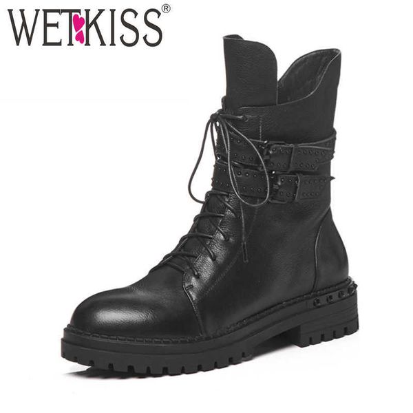 

wetkiss platform women punk boots round toe cross tied footwear cow leather ladies boot military motorcycle shoes woman winter 210630, Black