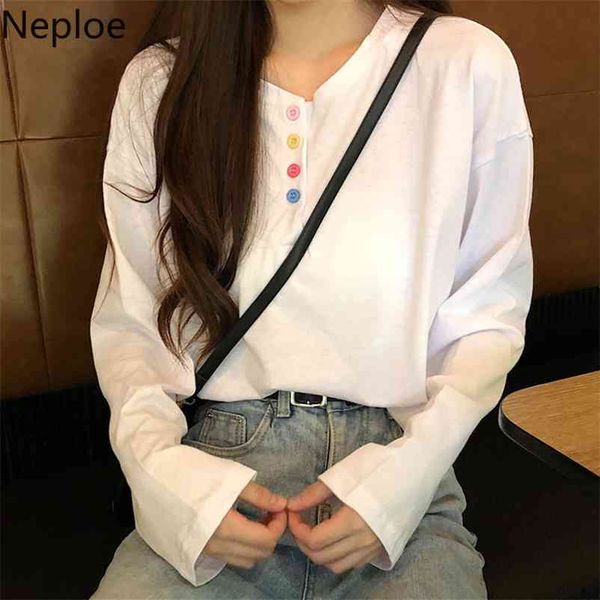 

v neck long sleeve t shirt autumn spring korean solid bottom tees button design ladies loose fashion 47720 210422, White
