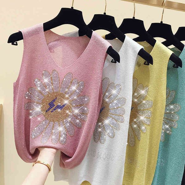 

t shirt korean fashion diamond sleeveless knitted cotton thin t-shirt women v-neck floral summer sweet grils knit tee, White