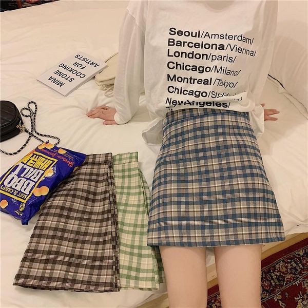 

harajuke loose plaid mini skirt summer high waist elastic a-line japan sweet preppy style thin girls skirts, Black