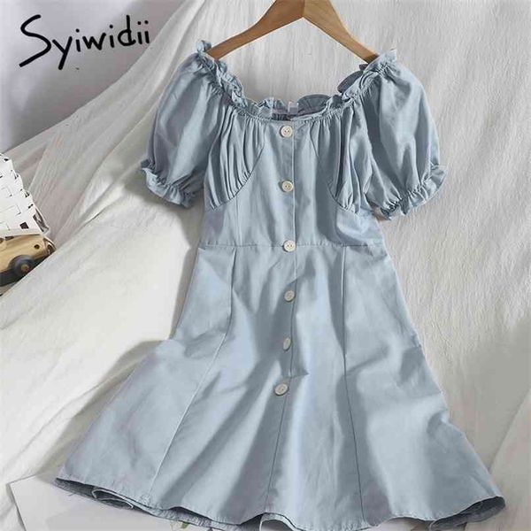 

dress for women summer fashion back elastic ruffles square collar puff sleeve office lady dresses blue black white 210607, Black;gray