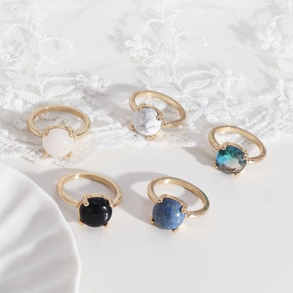 

fashion gold plated round natural stone white crystal ring geometry turquoise ring for women jewelry, Golden;silver